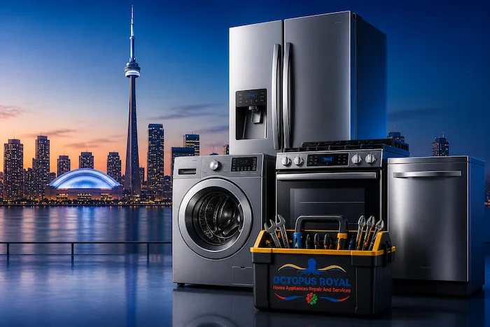 Modern appliances and repair tools with Toronto skyline background - Octopus Royal appliance repair service