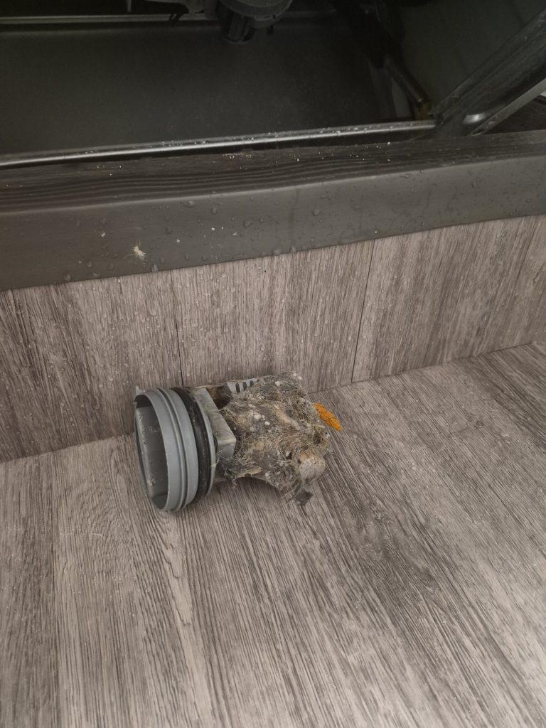 Whirlpool washer drain pump filter clogged with lint, hair and debris, North York