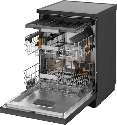 Whirlpool dishwasher with the door open and racks pulled out